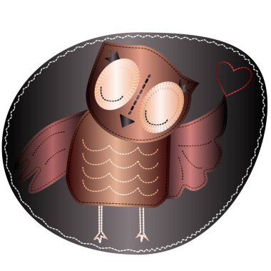 Baykuş bir kalp tutuyor. Çizgili, kumaşlı ve dikişli.