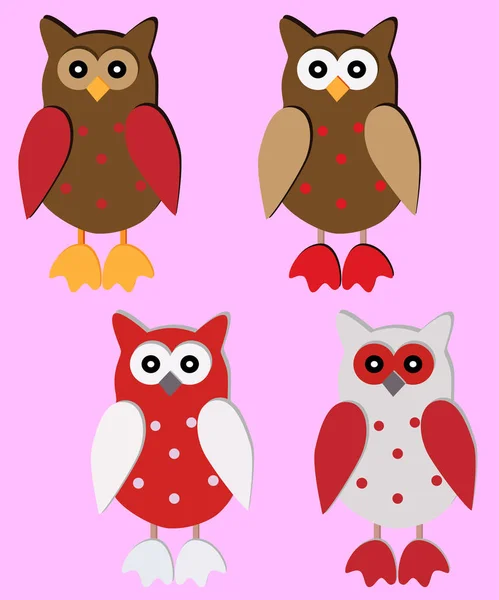 Чотири дерев'яні сова-підвіски в червоному, коричневому, білому кольорах — стоковий вектор