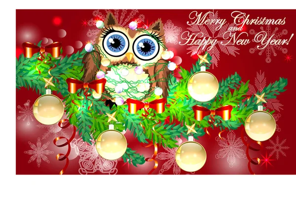 Coruja de desenho animado encantador emaranhado em uma grinalda de lâmpadas brilhantes em um ramo de abeto decorado com bolas, guirlandas. Cartão de Natal — Vetor de Stock