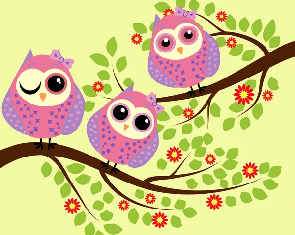 Bright cute cartoon owls sit on the flowering branches of fantastic trees — Stock Vector