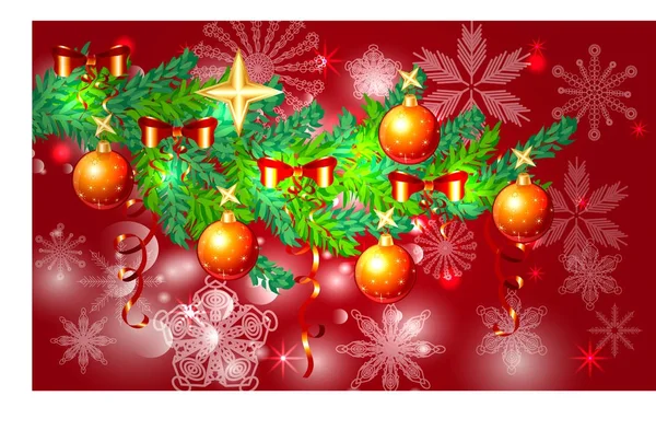 赤のクリスマス背景雪、針葉樹の枝にボール、星、リボン飾られています。メリー クリスマスと幸せな新年の碑文 — ストックベクタ