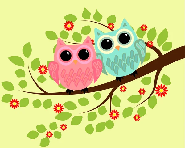 Pair of bright cute cartoon owls sitting on the flowering branches of fantastic trees — Stock Vector