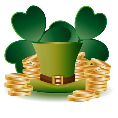 İki yaprak yeşil, yeşil bir şapka ve altın sikkeler yığınları ile St. Patricks kartı