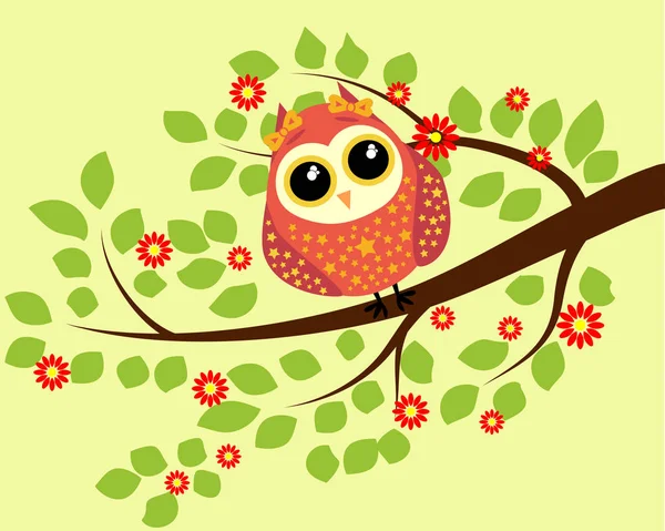 Bright cute cartoon owl sitting on the flowering branches of fantastic trees — Stock Vector
