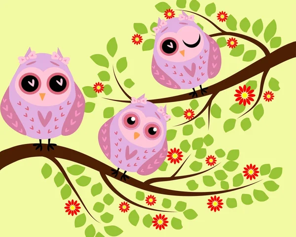 Bright cute cartoon owls sit on the flowering branches of fantastic trees — Stock Vector