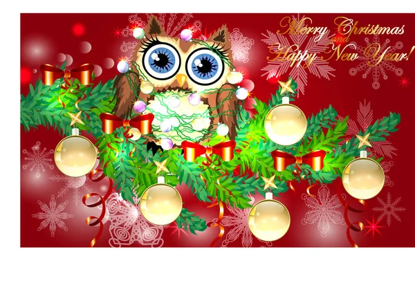 スプルースの枝で光る電球のガーランドに絡まって素敵な漫画フクロウは、ボール、花輪で飾られました。クリスマス カード — ストックベクタ