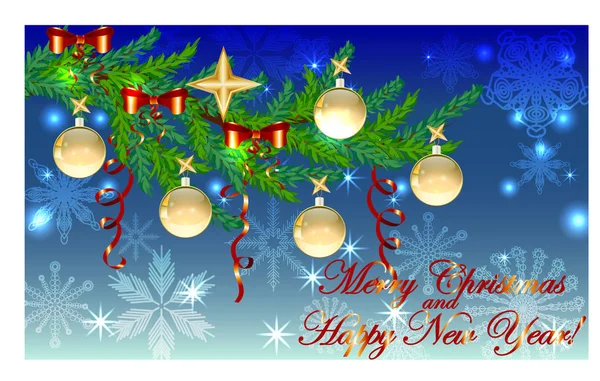 Fondo de Navidad azul rectangular con copos de nieve, ramas de coníferas, decoradas con bolas rojas, estrellas — Vector de stock