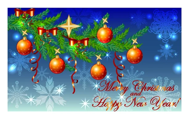 Fondo de Navidad azul rectangular con copos de nieve, ramas de coníferas, decoradas con bolas rojas, estrellas — Vector de stock