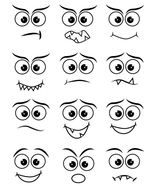 Cartoon Gesichter Ausdruck Linie Symbole gesetzt. Satz von Emoticons oder Emoji-Illustrationszeilen-Symbolen. Lächeln Symbole Linie Kunst isoliert Vektor Illustration auf weißem Hintergrund — Stockvektor