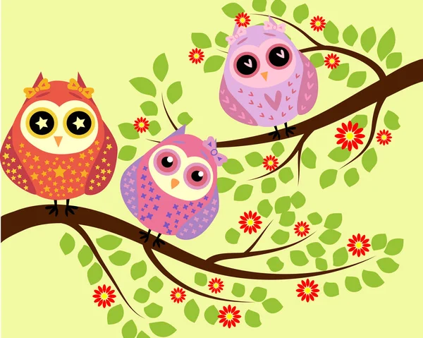 Bright cute cartoon owls sit on the flowering branches of fantastic trees — Stock Vector