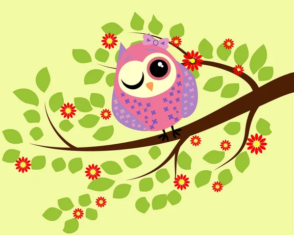 Ljusa gullig tecknad owl sitter på de fantastiska blommande grenarna — Stock vektor