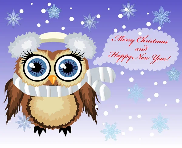 Coruja de coquete de desenhos animados bonita dizer Feliz Natal e Feliz Ano Novo. Cartão de Natal — Vetor de Stock