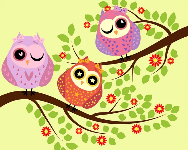 Bright cute cartoon owls sit on the flowering branches of fantastic trees — Stock Vector