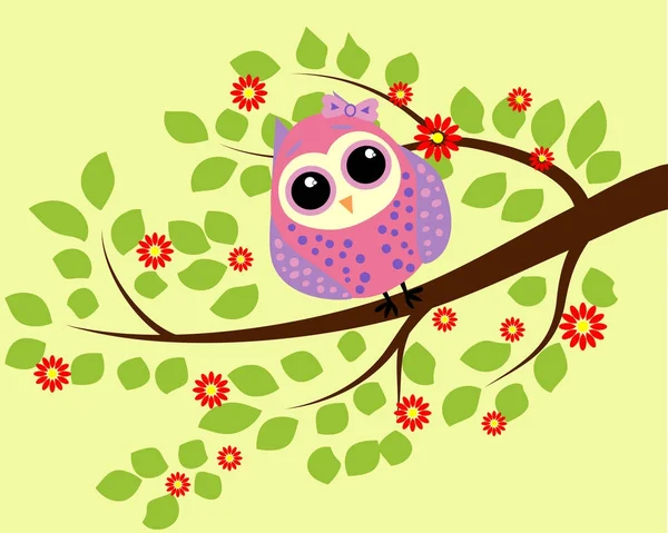 Ljusa gullig tecknad owl sitter på de fantastiska blommande grenarna — Stock vektor