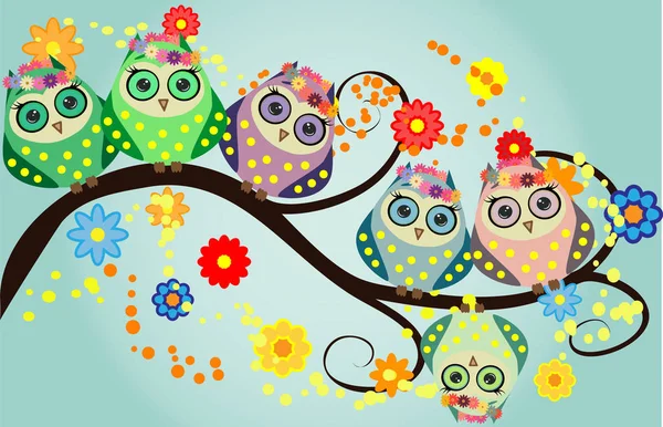 Bright cute cartoon owls sit on the flowering branches of fantastic trees — Stock Vector