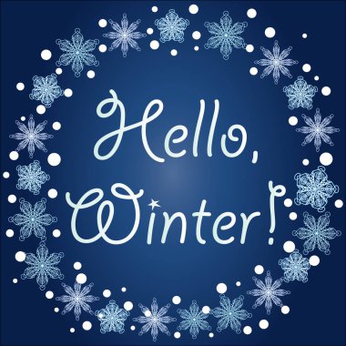 Yazıt Merhaba, kış mavi bir arka plan üzerinde kar taneleri bir çerçeve içinde blizzard