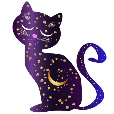 Kedi-gece. Yıldız ve genç bir ay ile bir gece gökyüzü ile kedi siluetleri boyalı
