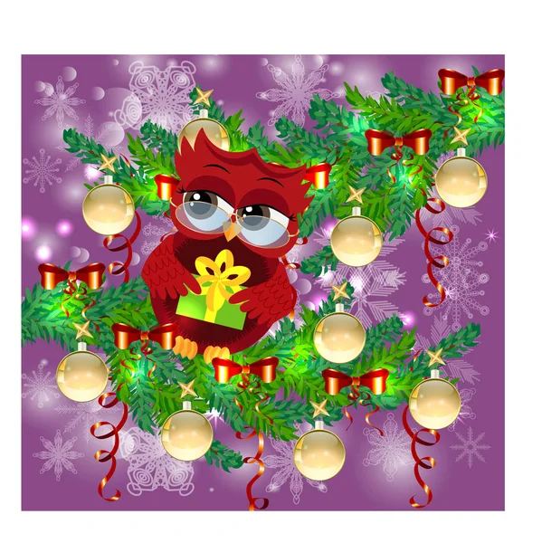 Un doux hibou rouge coquette en forme de dessin animé avec un cadeau de Noël est assis sur une décoration avec des boules, des arcs, des branches d'épinette émettrices de lumière. Carte de Noël — Image vectorielle
