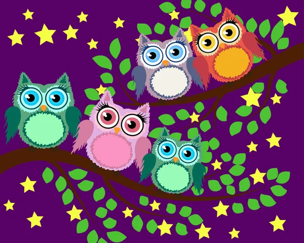 Parlak, sevimli çizgi film baykuşları fantastik ağaçların çiçekli dallarında otururlar.