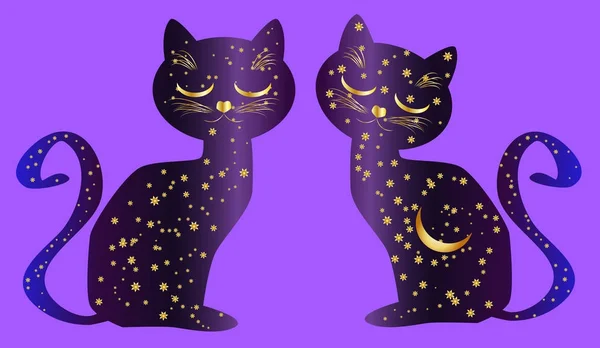 Noite de gato. Sílhuetas de gato pintadas com um céu noturno com estrelas e uma lua jovem — Vetor de Stock