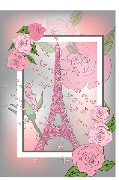 Diseño de póster Vintage Francia. Fondo romántico vectorial con torre Eiffel y rosas — Vector de stock