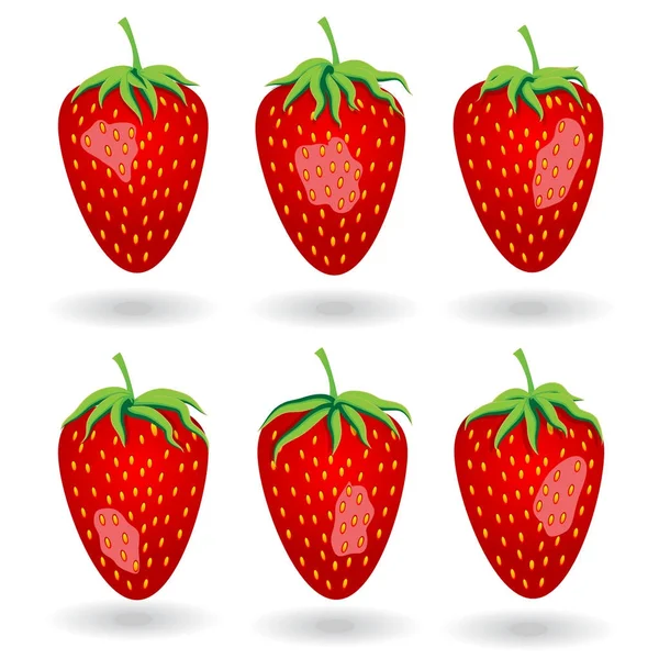 Seis bayas de fresas bajo diferentes sombras de ángulo de iluminación — Archivo Imágenes Vectoriales