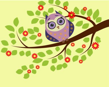 Fantastik ağaçlar çiçekli dallar üzerinde oturan parlak sevimli çizgi baykuş