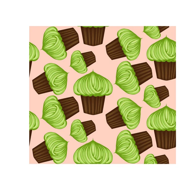 Seamless pattern of appetizing cupcakes with green cream and mint — Stock Vector