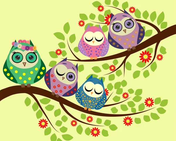 Bright cute cartoon owls sit on the flowering branches of fantastic trees — Stock Vector