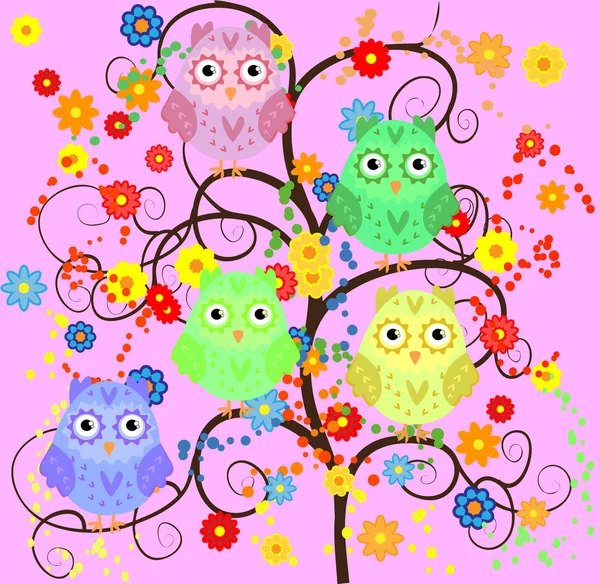 Corujas de desenho animado bonito brilhante sentar-se nos ramos floridos de árvores fantásticas — Vetor de Stock