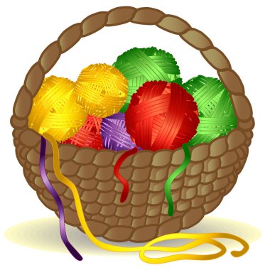 Sepetten bir saplı çok renkli iplik, iplik bobinleri tam asma