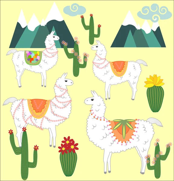 Four Llama, alpaca of white color, with bright saddles against the background of mountains, cacti, clouds — Stock Vector