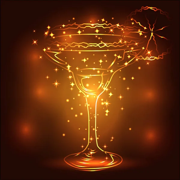 Золотий контур келиха з коктейлем на коричневому фоні, дискотека, клуб, неонове сяйво — стоковий вектор