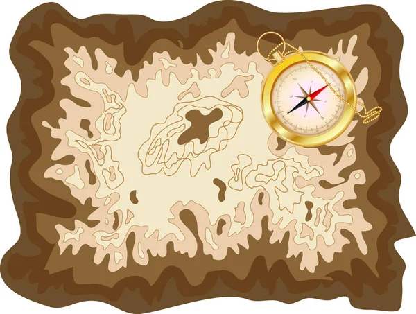 Mapa viejo pirata en pergamino amarillo con brújula dorada en él, mensajes cifrados — Vector de stock
