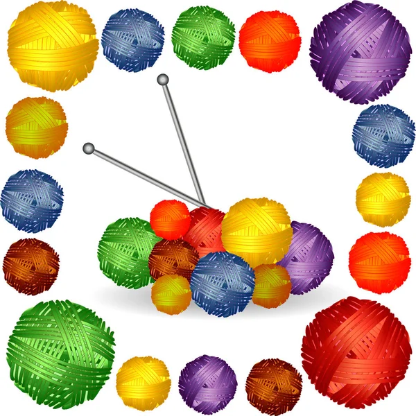 Negen ballen van veelkleurige garen, draad, stuc breinaalden — Stockvector