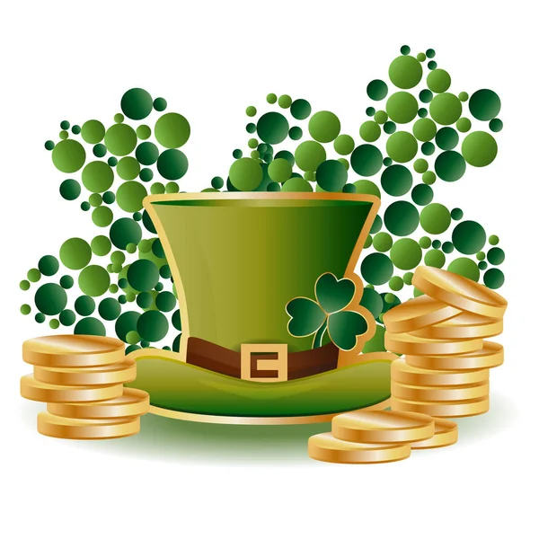 Cartão de São Patrício com dois trevos de folhas verdes consistindo de círculos, um chapéu verde e pilhas de moedas de ouro — Vetor de Stock