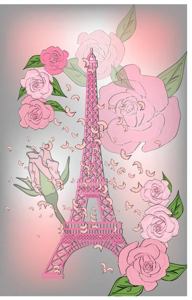 Poster design Vintage France. Fond romantique vectoriel avec tour Eiffel et roses — Image vectorielle