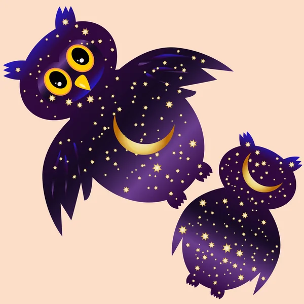 Hibou-nuit. silhouettes de hibou peintes avec un ciel nocturne avec des étoiles et une jeune lune — Image vectorielle