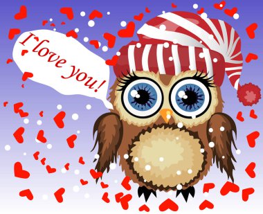 Kalpler tarafından çevrili güzel karikatür kahverengi baykuş seni seviyorum dedi. Hava, Saint Valentine, kartpostal seviyorum