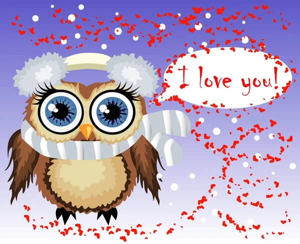 Kalpler tarafından çevrili güzel karikatür kahverengi baykuş seni seviyorum dedi. Hava, Saint Valentine, kartpostal seviyorum