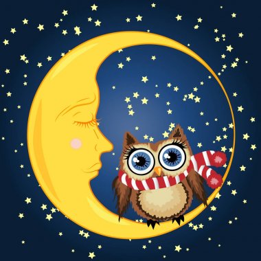 Uykulu Hilal yıldız ile gece gökyüzünün arka planı kırmızı bir fular bir güzel karikatür kahverengi baykuş oturur