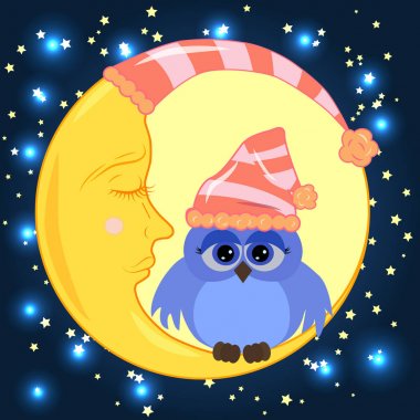 Uyuyan bir kap üzerinde hüzünlü gözleri ile bir tatlı karikatür baykuş uykulu Hilal yıldız ile bir gece gökyüzü arka planı oturur