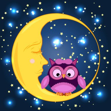 Bir yuvarlak uyuyan Hilal yıldız ile gece gökyüzünde oturan sevimli çizgi baykuş