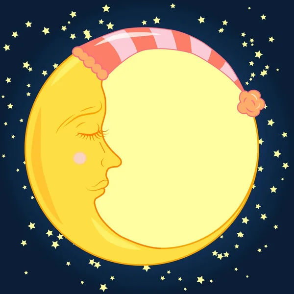 Celý měsíc v spící čepici s přimhouřeným okem v modré noční oblohu s hvězdami — Stockový vektor