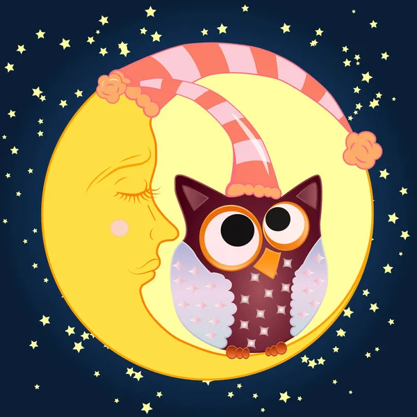 Uykulu Hilal yıldız ile bir gece gökyüzü arka planı uyuyan bir kap içinde uyuyan bir kap ortasında Kapalı gözlerle tatlı karikatür baykuş oturur — Stok Vektör