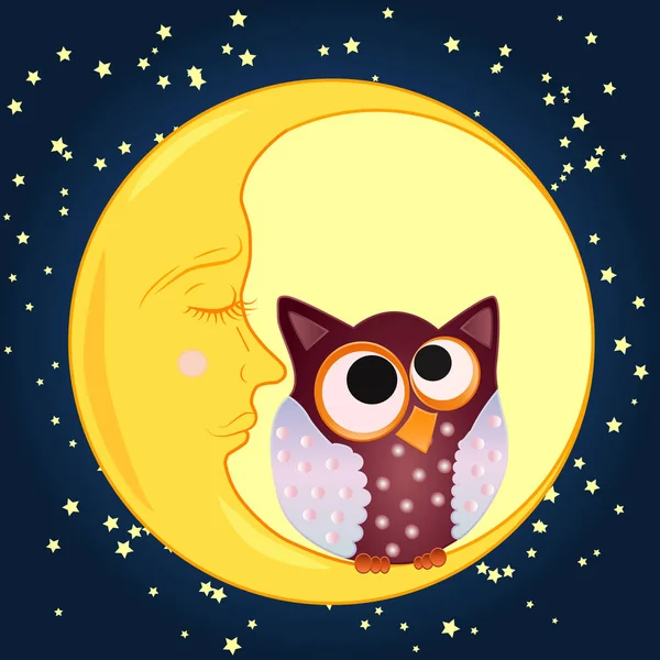Bir tatlı karikatür baykuş gözleri orta için çizilmiş olan uykulu Hilal yıldız ile gece gökyüzünün arka planı oturur — Stok Vektör