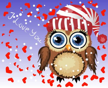 Kalpler tarafından çevrili güzel karikatür kahverengi baykuş seni seviyorum dedi. Hava, Saint Valentine, kartpostal seviyorum