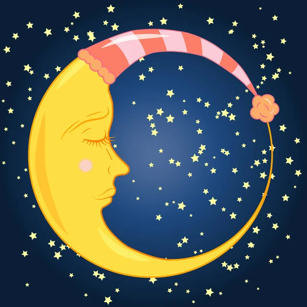 Un mes de sueño joven con un gorro de dormir con un ojo cerrado en un cielo azul nocturno con estrellas — Archivo Imágenes Vectoriales