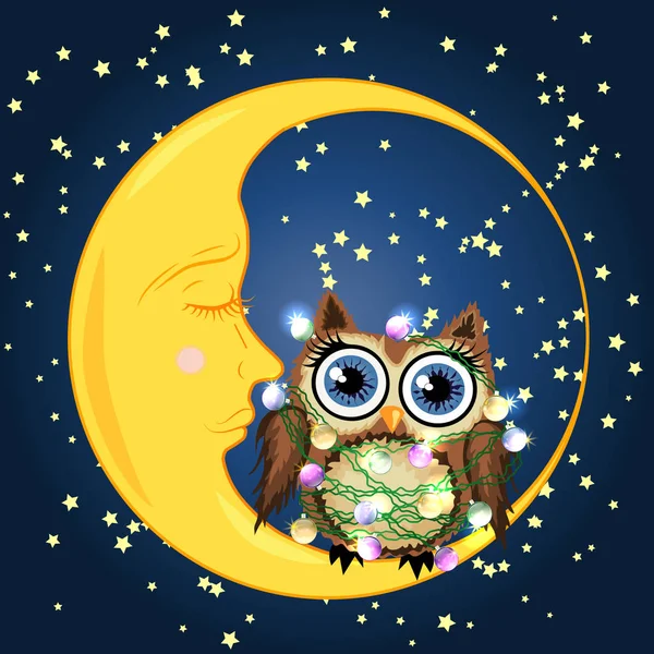 Cute cartoon brown owl tangled in garlands of light bulbs, mimicking the stars and the glow of the crescent moon sits on the slumbering against the night sky with stars — Stock Vector