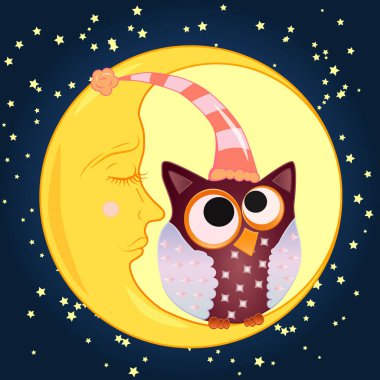 Bir tatlı karikatür baykuş uyuyan bir kap ortasında Kapalı gözlerle uykulu Hilal yıldız ile bir gece gökyüzü arka planı oturur